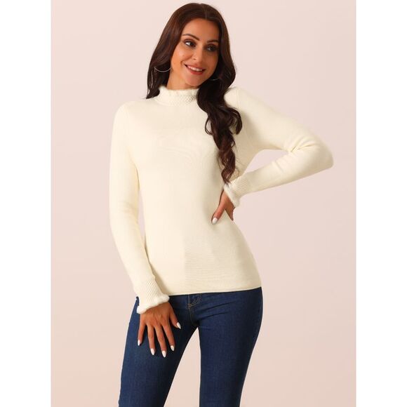Fall Winter Fluffy Lined Long Sleeve Ribbed Knit Slim Fit Casual Top Apricot - Picture 2 of 5